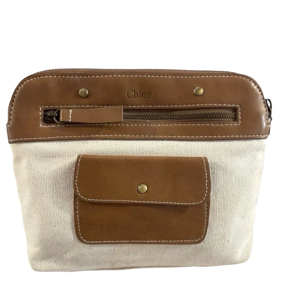 Chloe Canvas and Leather Cosmetic Pouch Cream Brown Zip Makeup Bag